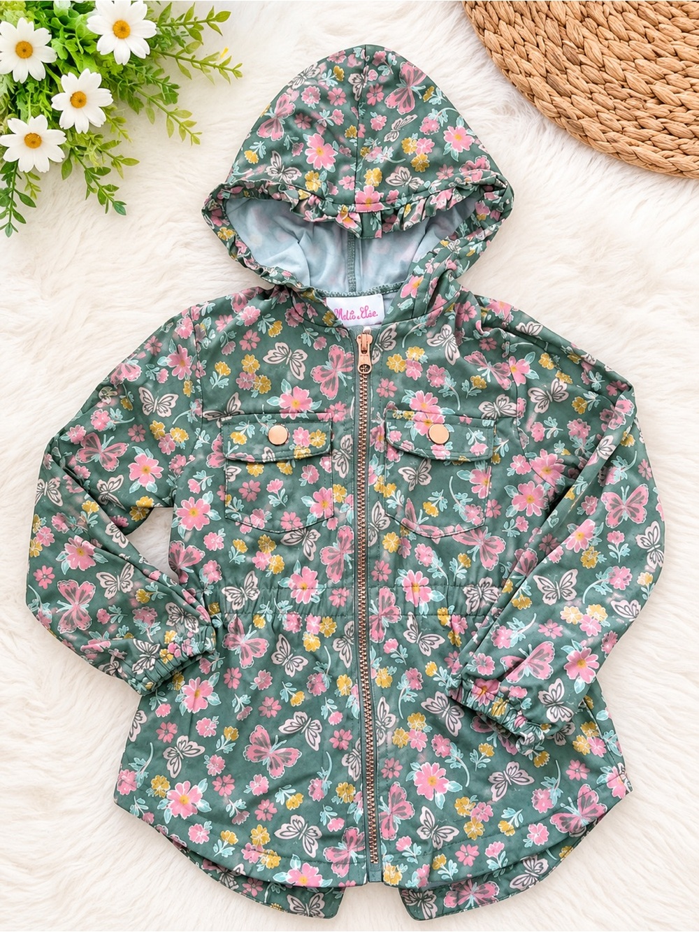 Little Lass Toddler Girls 4T Floral Butterfly Hooded Zip Up Ruffle Jacket
